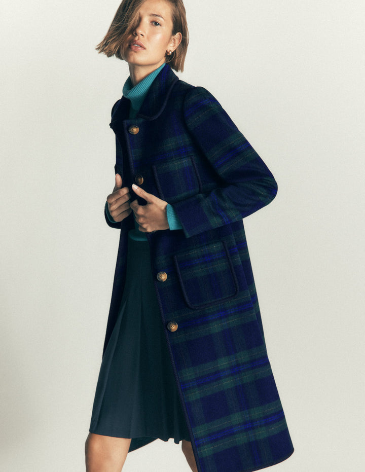 Patch Pocket Wool Blend Coat-Navy, Green and Blue Check