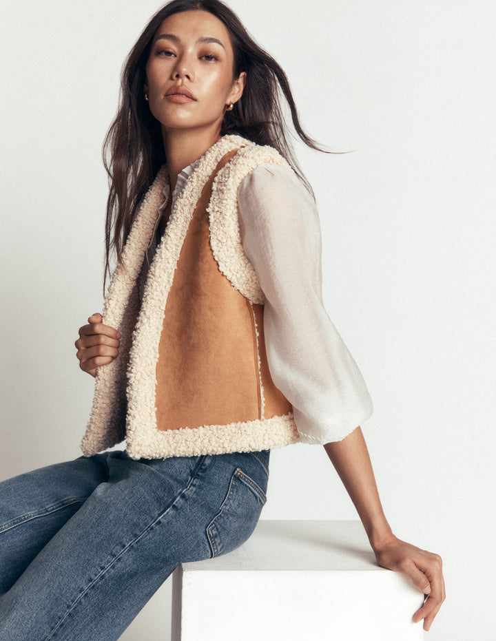 Borg Trim Cotton Gilet-Sand
