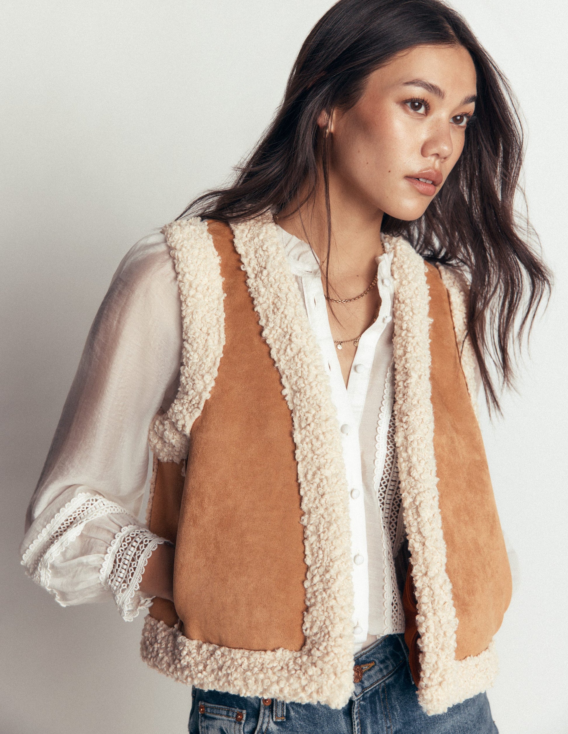 Borg Trim Cotton Gilet-Sand-3