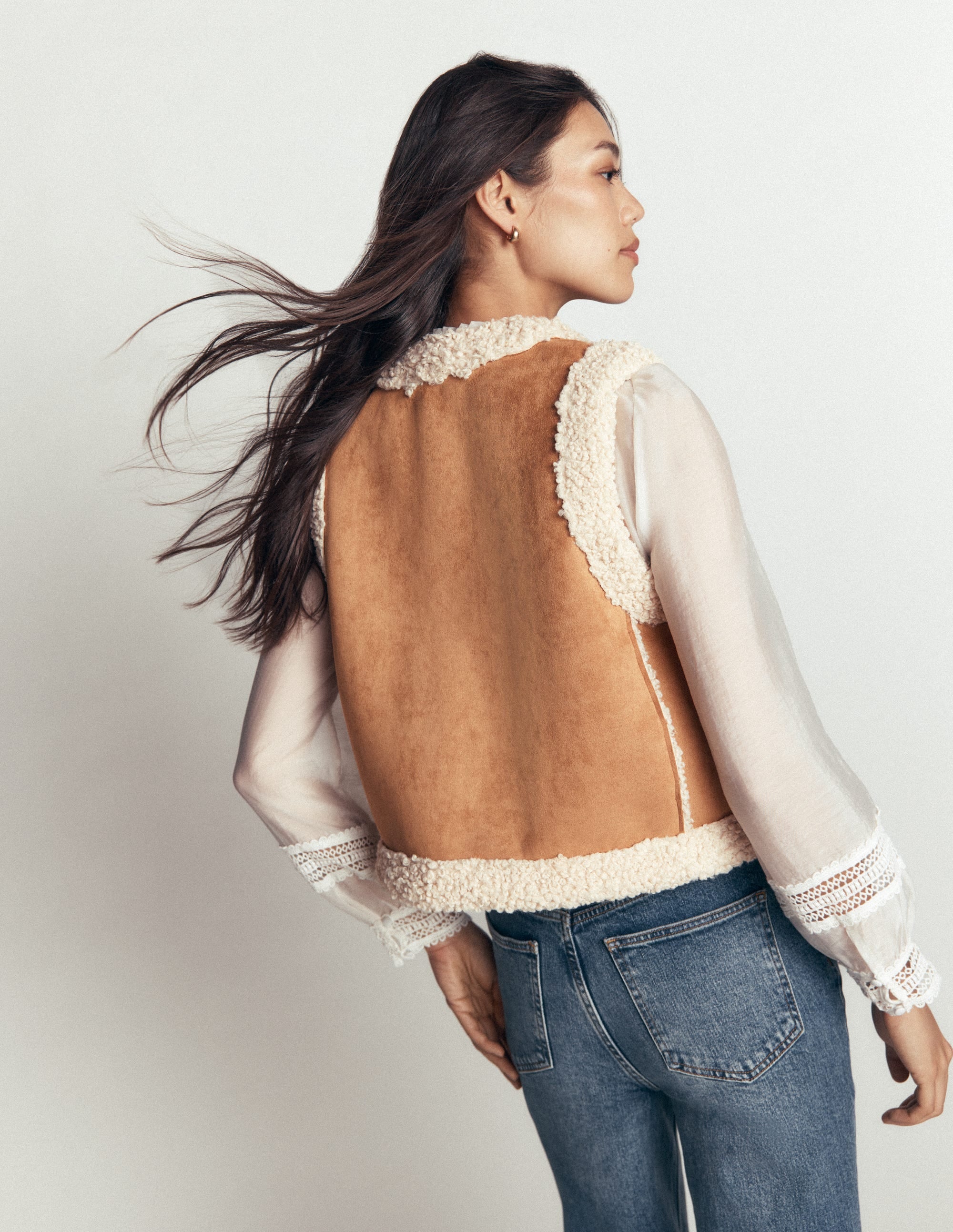 Borg Trim Cotton Gilet-Sand - Image 4