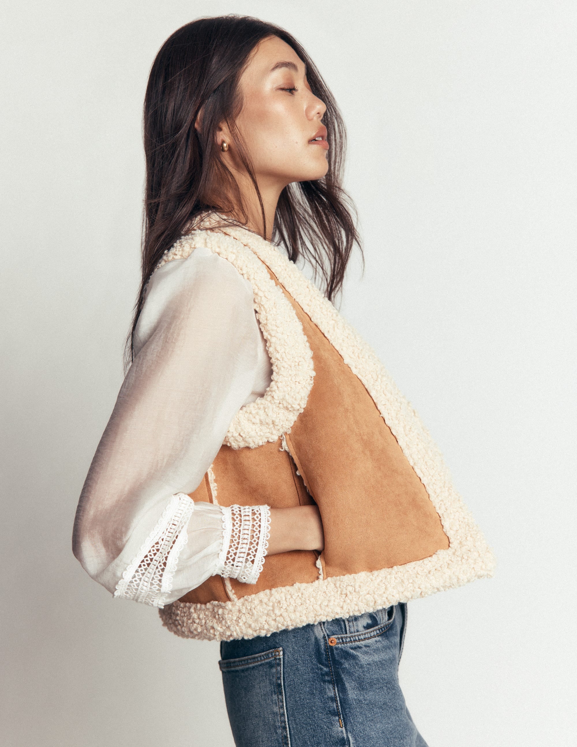 Borg Trim Cotton Gilet-Sand - Image 5