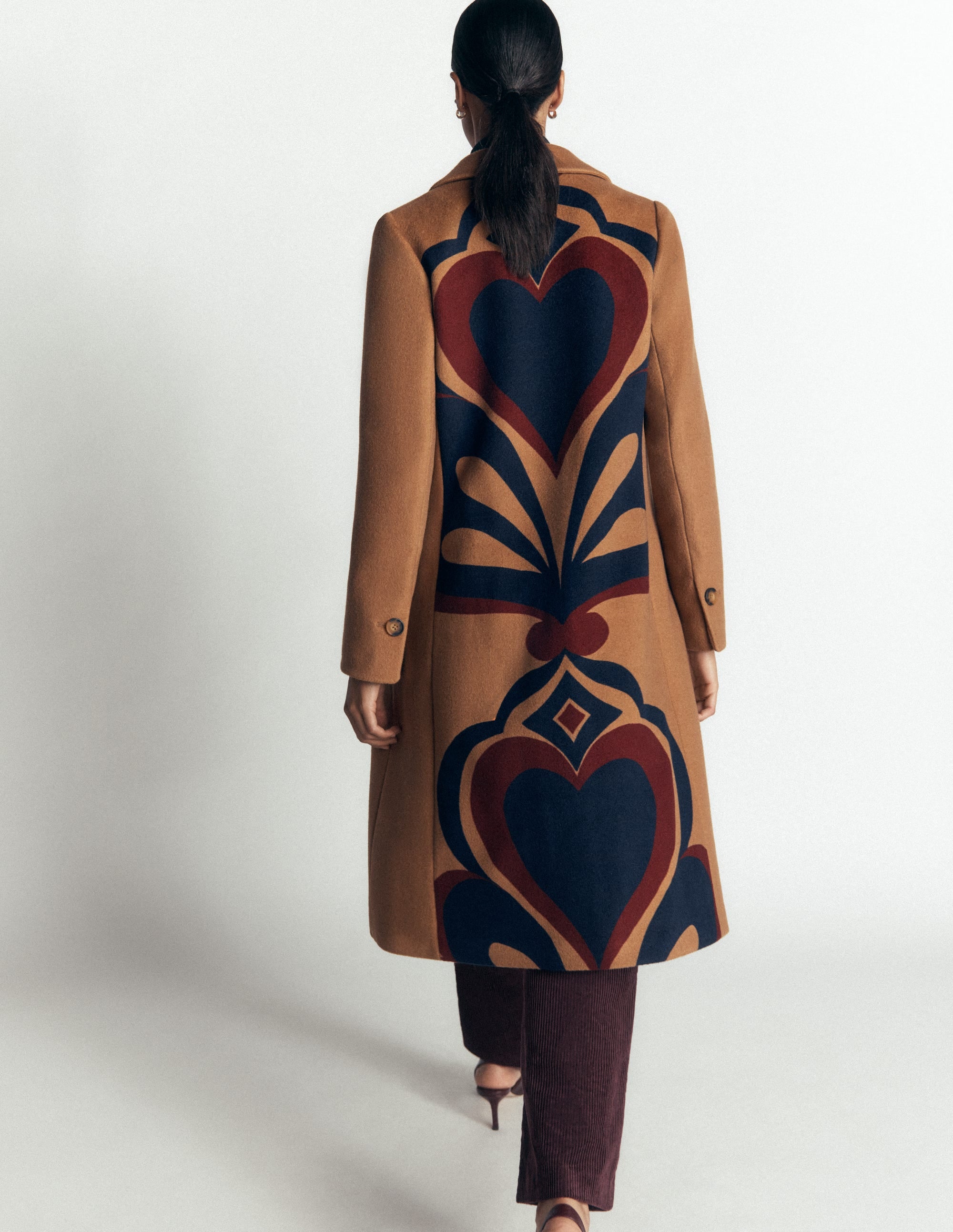 Aylesford Longline Coat-Camel Swooping Hearts - Image 1