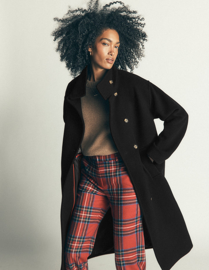 Funnel Neck Longline Wool Coat-Black