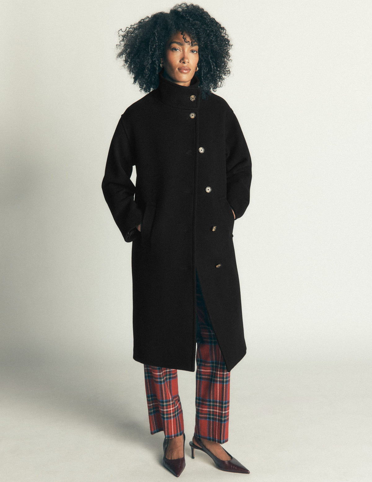 Funnel Neck Longline Wool Coat-Black - Image 5