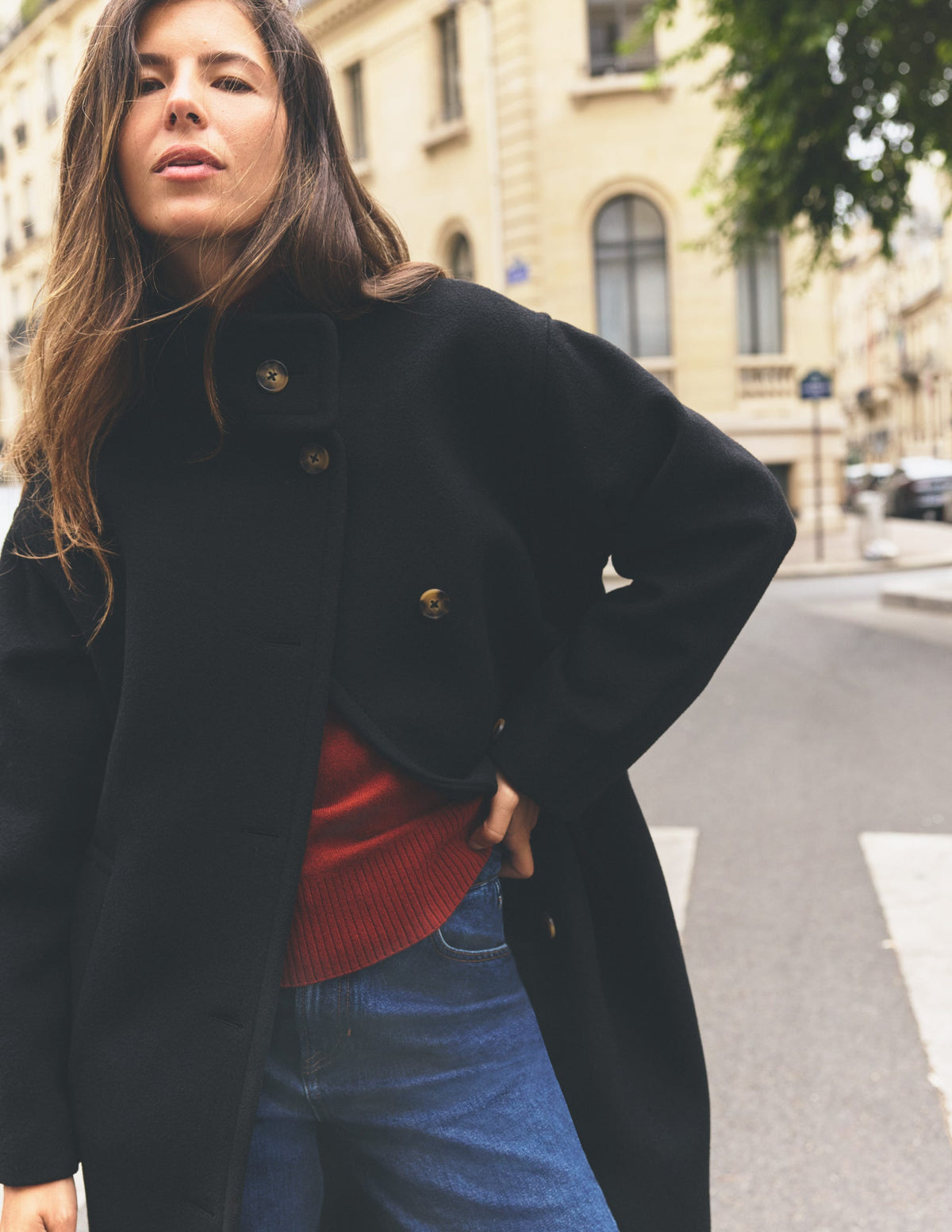 Funnel Neck Longline Wool Coat-Black - Image 1