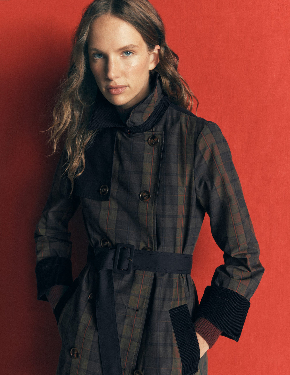 Wax Trench Coat-Olive and Camel Wax Check - Image 2
