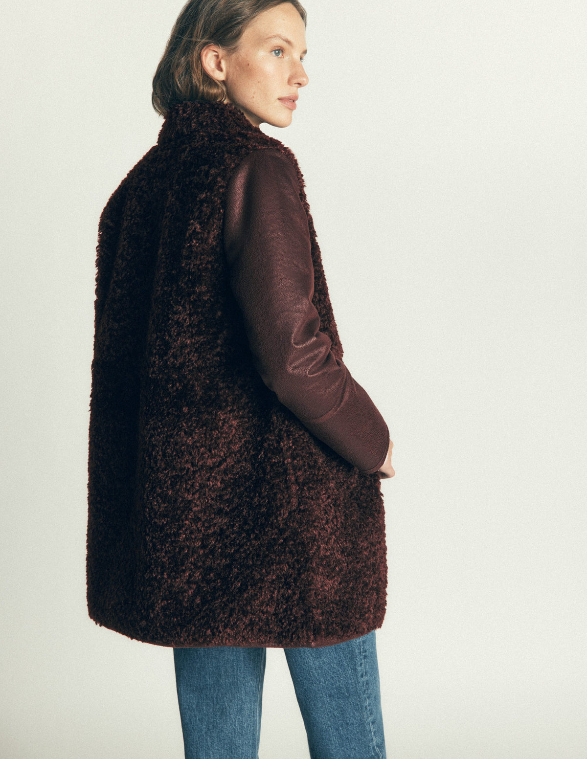Teddy Fur Mix Coat-Bitter Chocolate - Image 4
