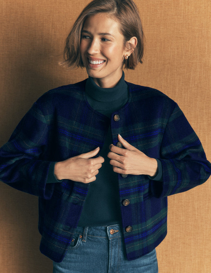 Scarf Neck Jacket-Navy, Green, Blue Tonal Check