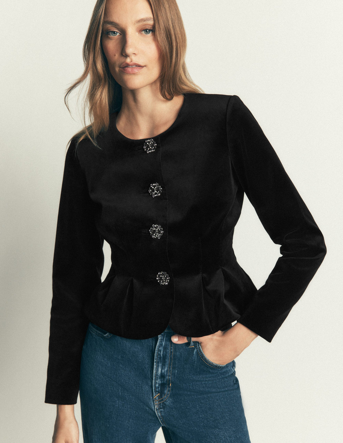 Velvet Waisted Jacket-Black-2