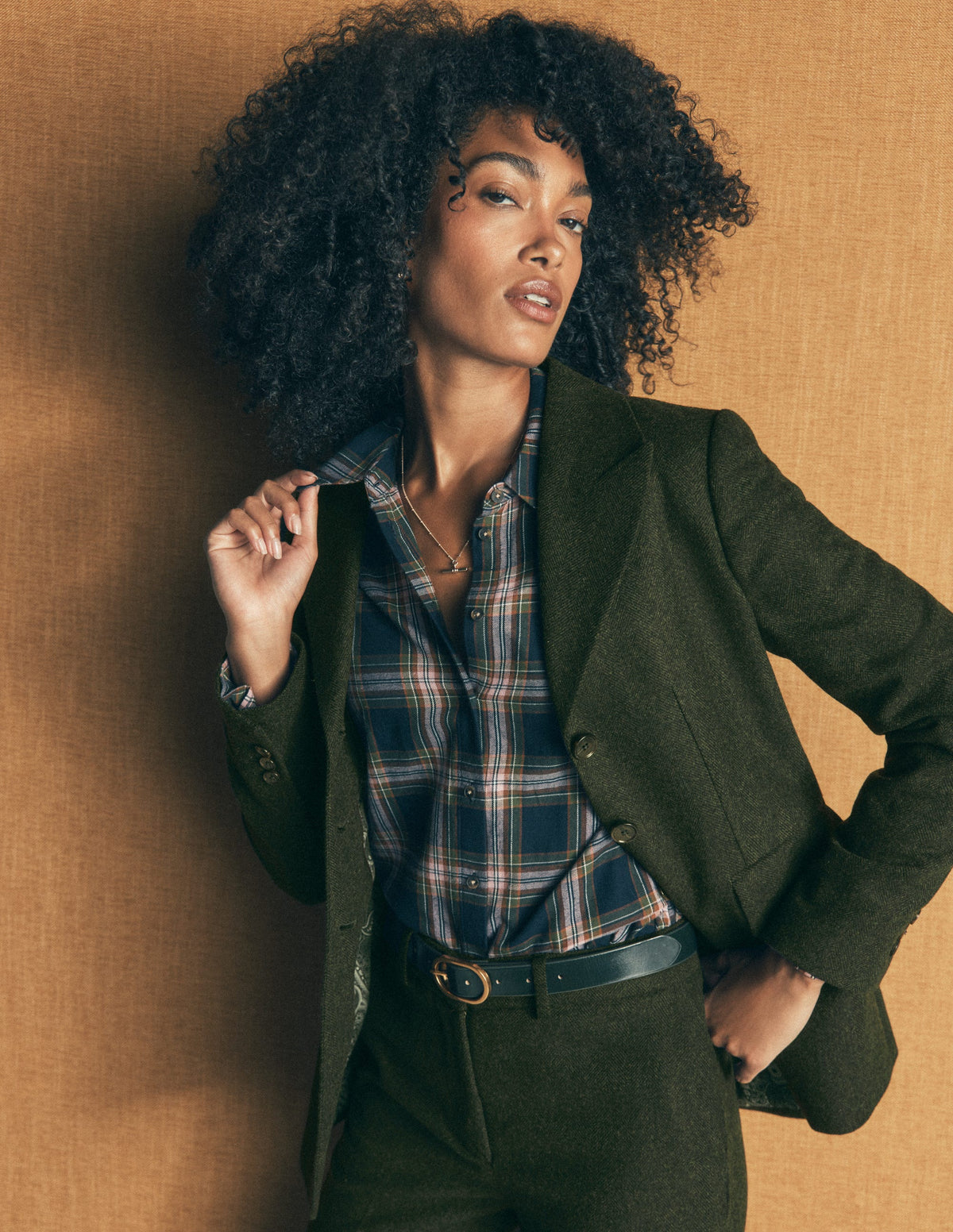 Longline Wool Button Blazer-Dark Green Herringbone - Image 2