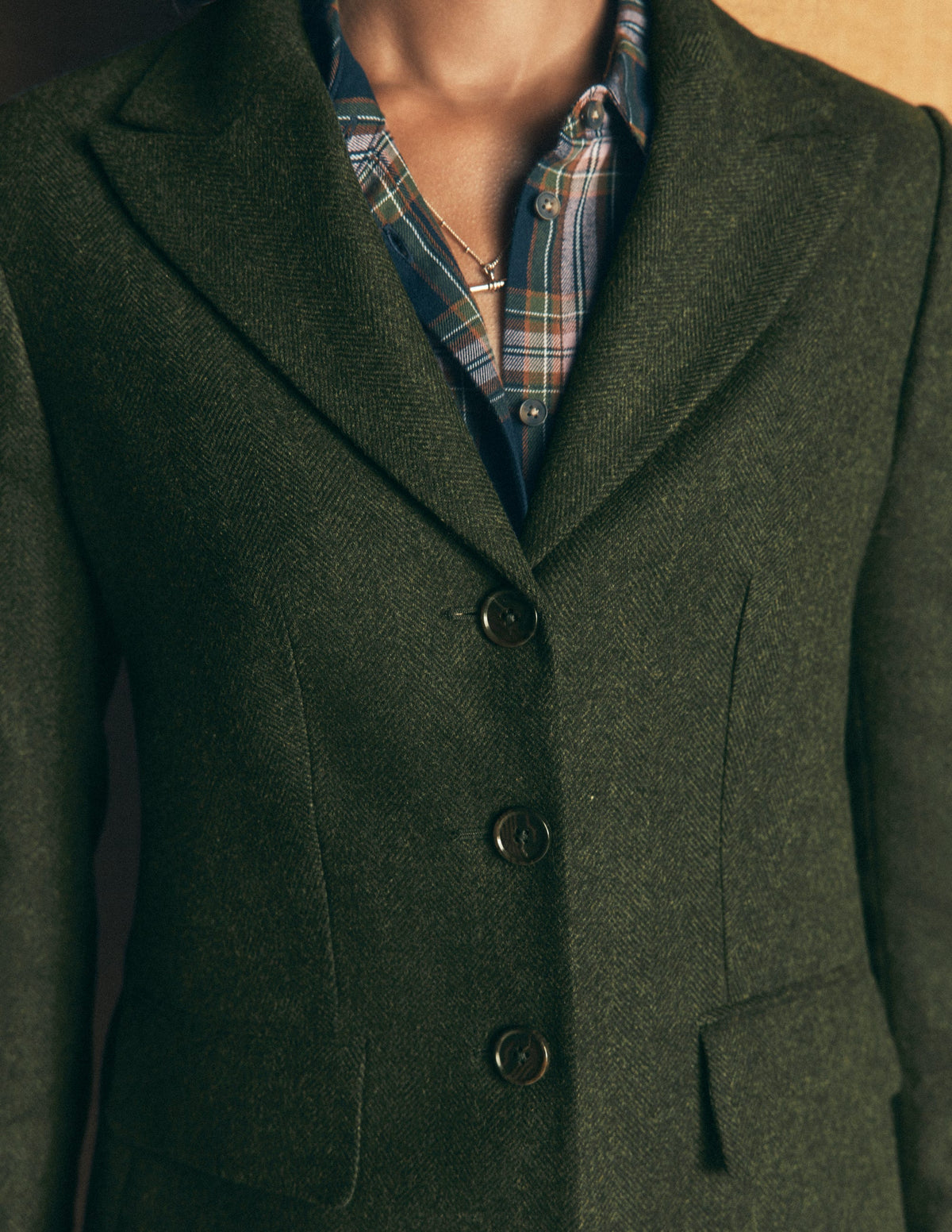Longline Wool Button Blazer-Dark Green Herringbone - Image 3