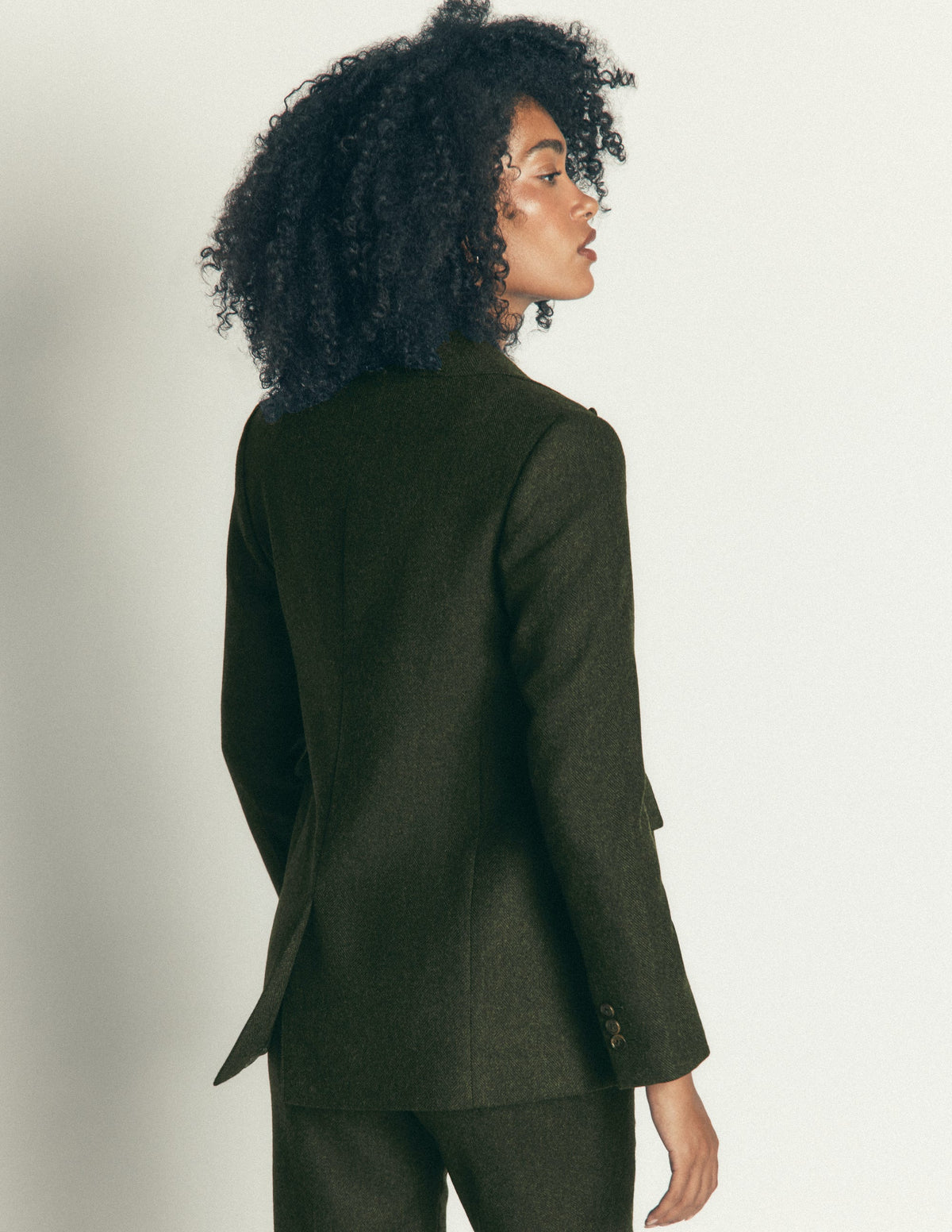 Longline Wool Button Blazer-Dark Green Herringbone - Image 4