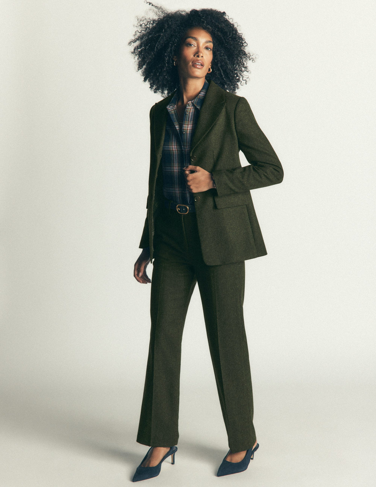 Longline Wool Button Blazer-Dark Green Herringbone - Image 5
