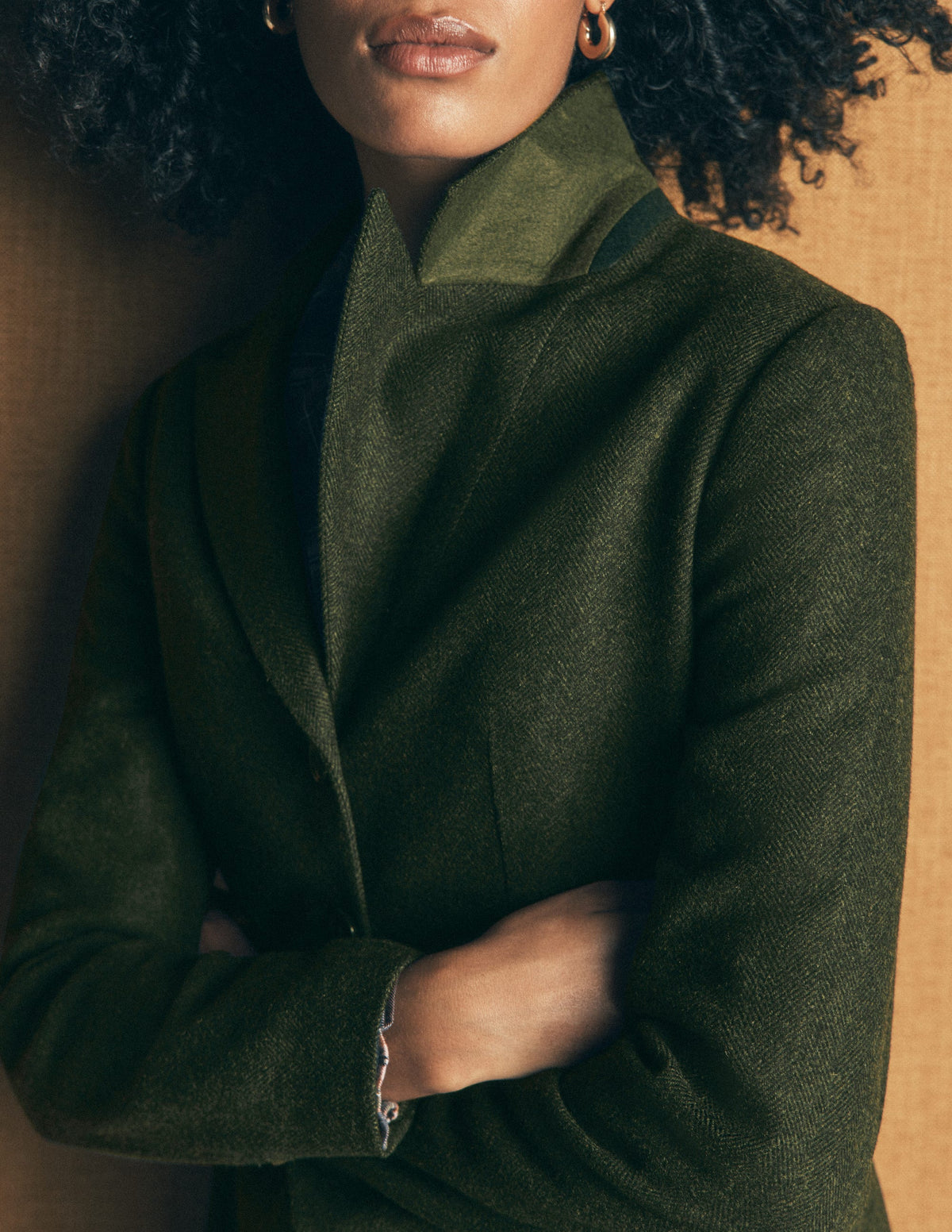 Longline Wool Button Blazer-Dark Green Herringbone - Image 6