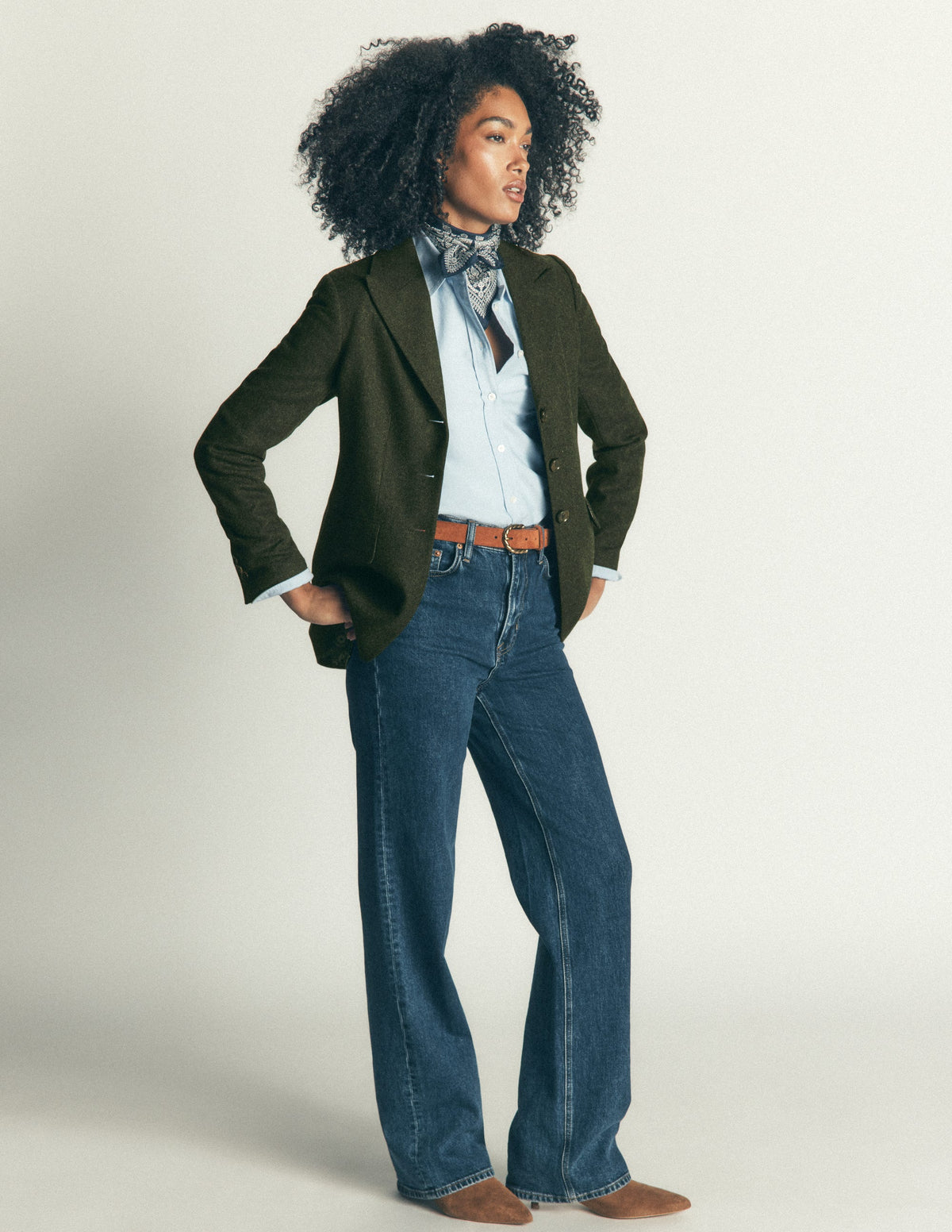Longline Wool Button Blazer-Dark Green Herringbone - Image 7