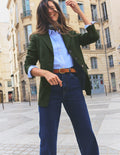Longline Wool Button Blazer-Dark Green Herringbone