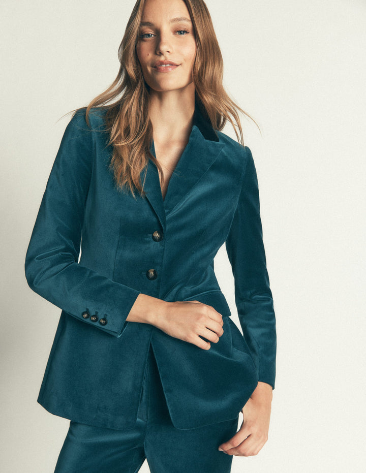 Longline Velvet Button Blazer-Teal Ocean