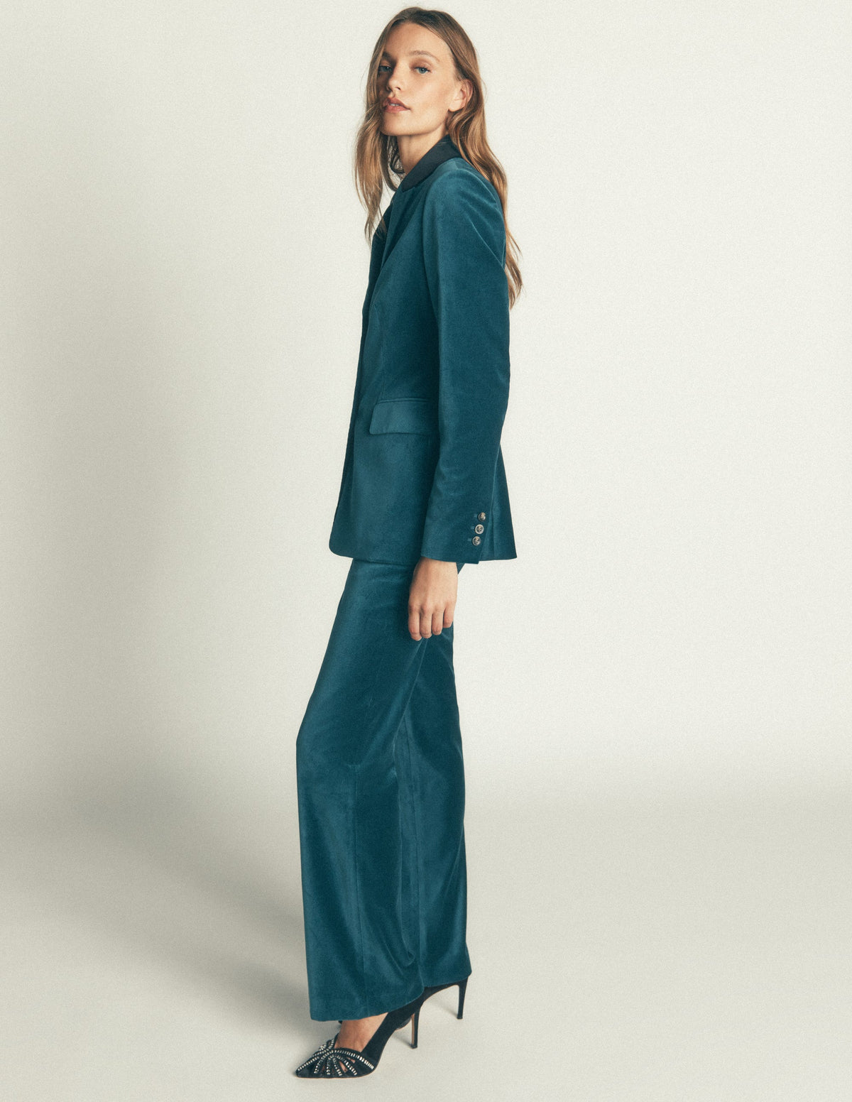 Longline Velvet Button Blazer-Teal Ocean - Image 3
