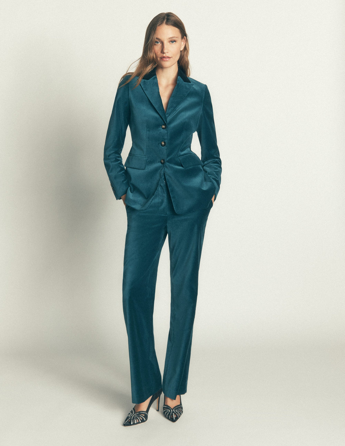 Longline Velvet Button Blazer-Teal Ocean-4