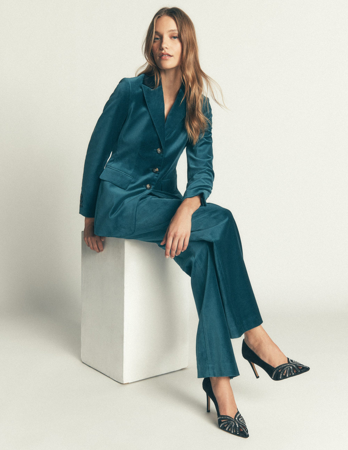 Longline Velvet Button Blazer-Teal Ocean-5