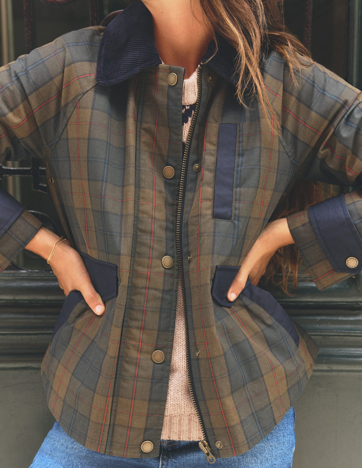 Raglan Wax Jacket-Olive and Camel Wax Check - Image 7