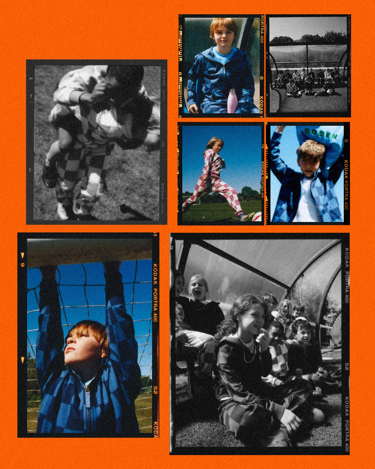 Collage of various photos of a boy on an orange background