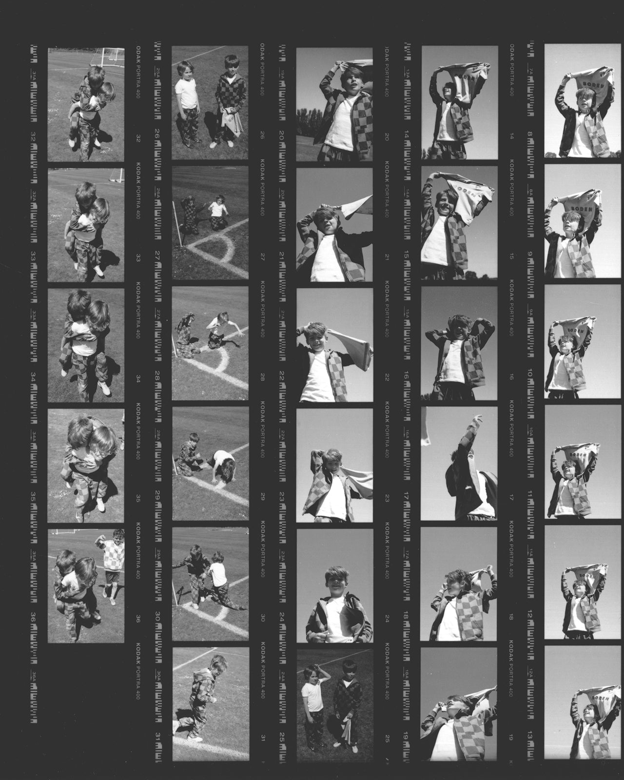 Contact sheet of black and white photos showing a person in various poses.