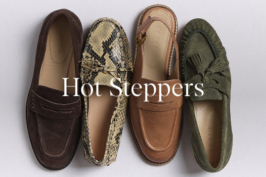 Four pairs of shoes in different styles and colors on a white background with 'Hot Steppers' branding.