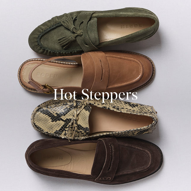 Four pairs of loafers in different colors on a white background with 'Hot Steppers' text.