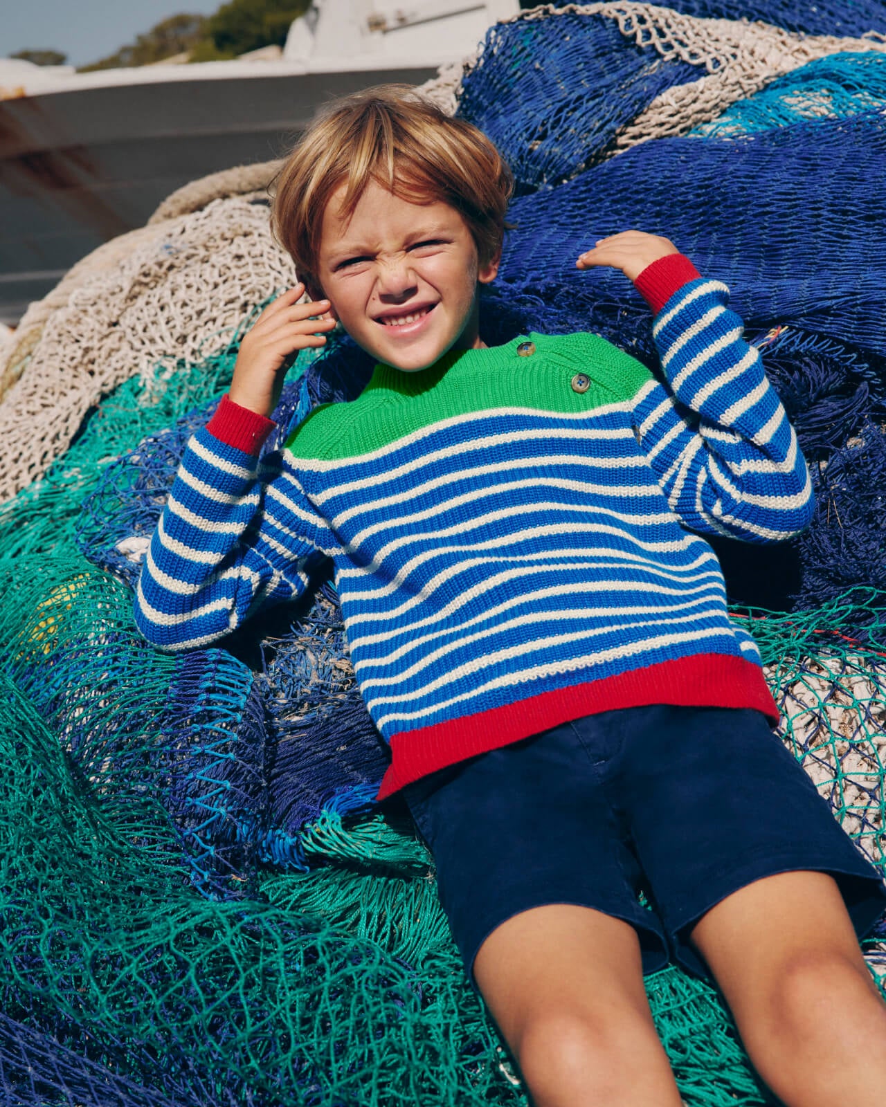 "Shop the Jumper" linking to boys' Everyday Cotton Jumper - Kingfisher Blue/Rich Emerald