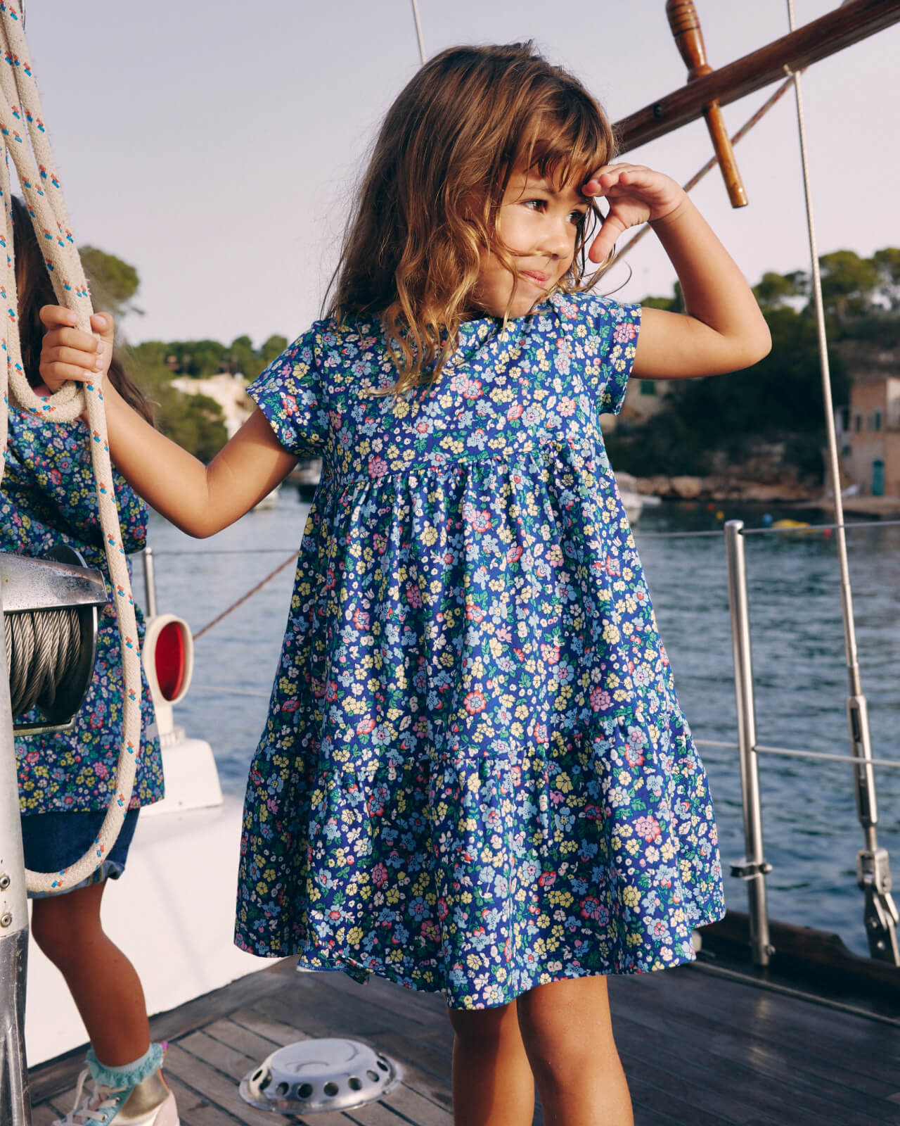 "Shop the Dress" linking to girls' Ariel Twirly Jersey Dress - Sapphire Blue Nautical Floral