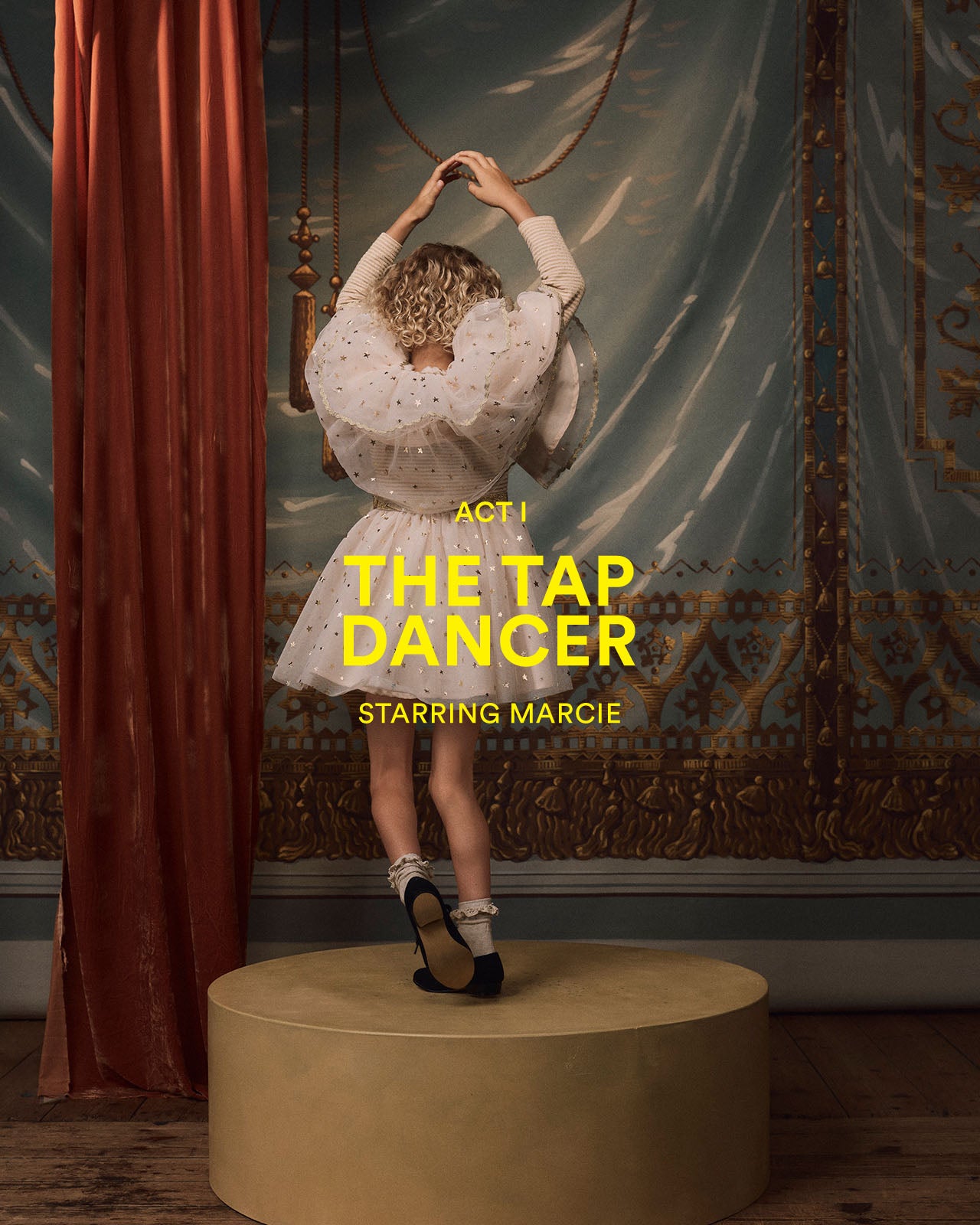 The Tap Dancer with a vintage curtain background