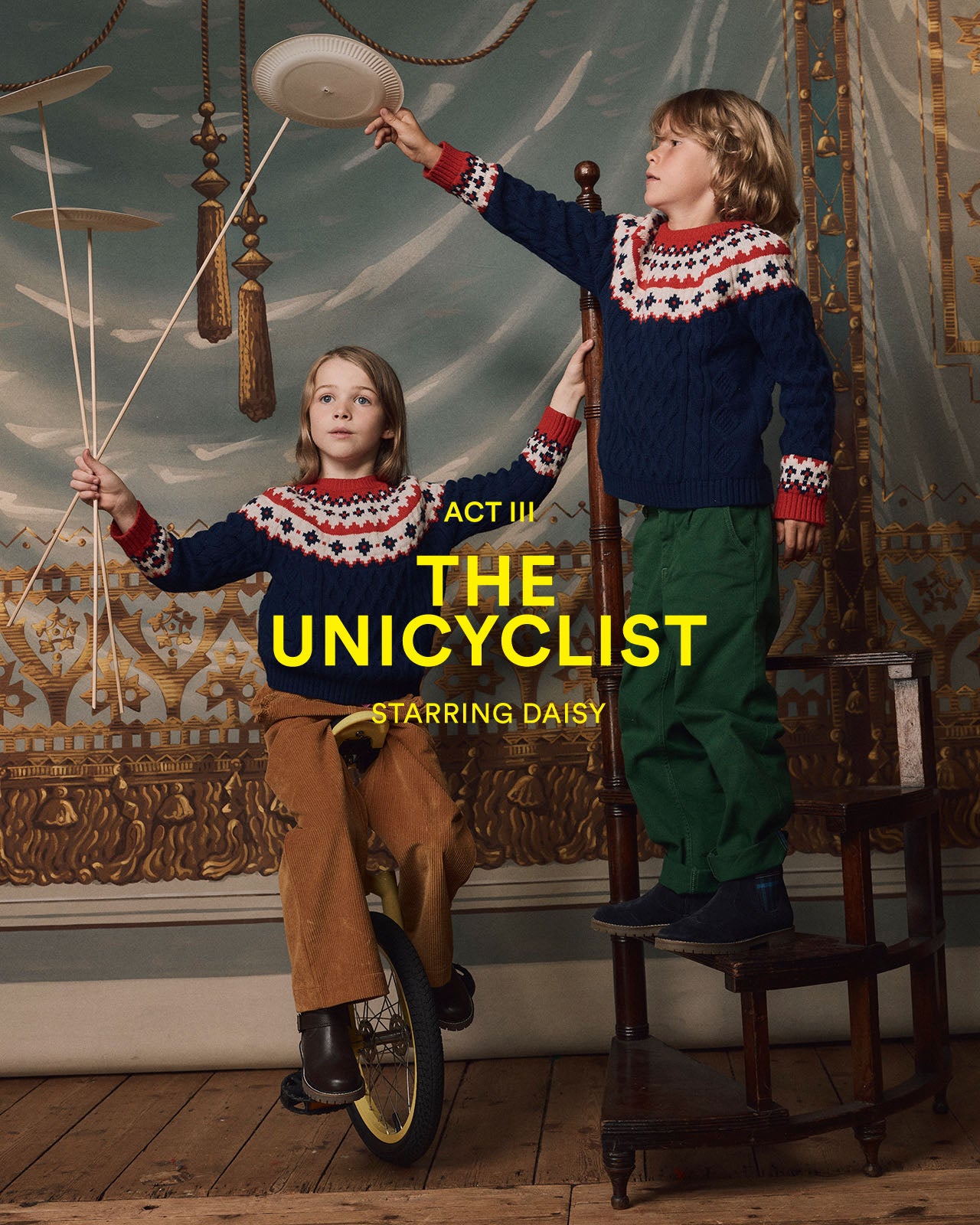 Two children in a decorative room with text overlay 'The Unicyclist' and 'Starring Daisy'.