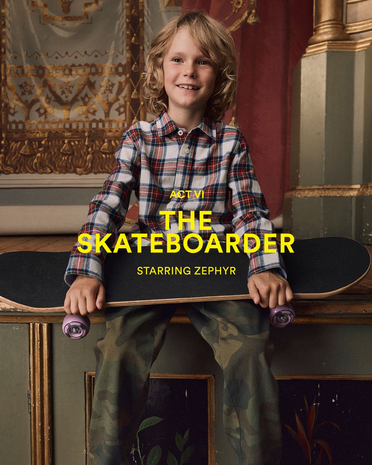 Child holding a skateboard with text overlay in an ornate room