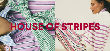 Woman wearing a striped dress with 'House of Stripes' text overlay