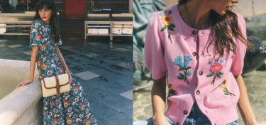 Two images side by side: one of a woman in a floral dress and the other in a pink cardigan with floral embroidery.