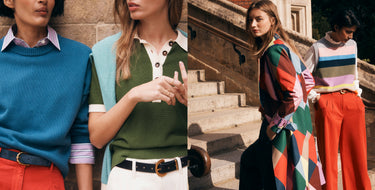 Two pairs of people wearing colorful outfits in an urban setting.