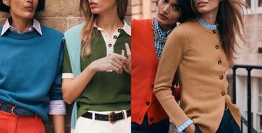 Four people wearing colorful sweaters and shirts against a brick wall.