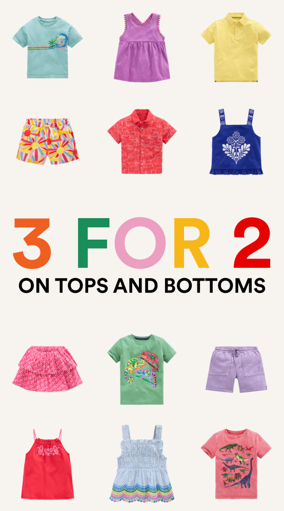 Promotional graphic for children's clothing with text '3 for 2 on tops and bottoms' and various colorful outfits.