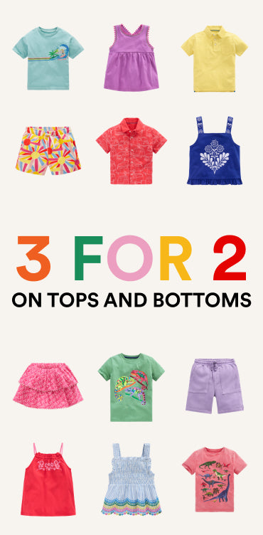 Collection of colorful children's clothing items with promotional text '3 FOR 2 ON TOPS AND BOTTOMS'.