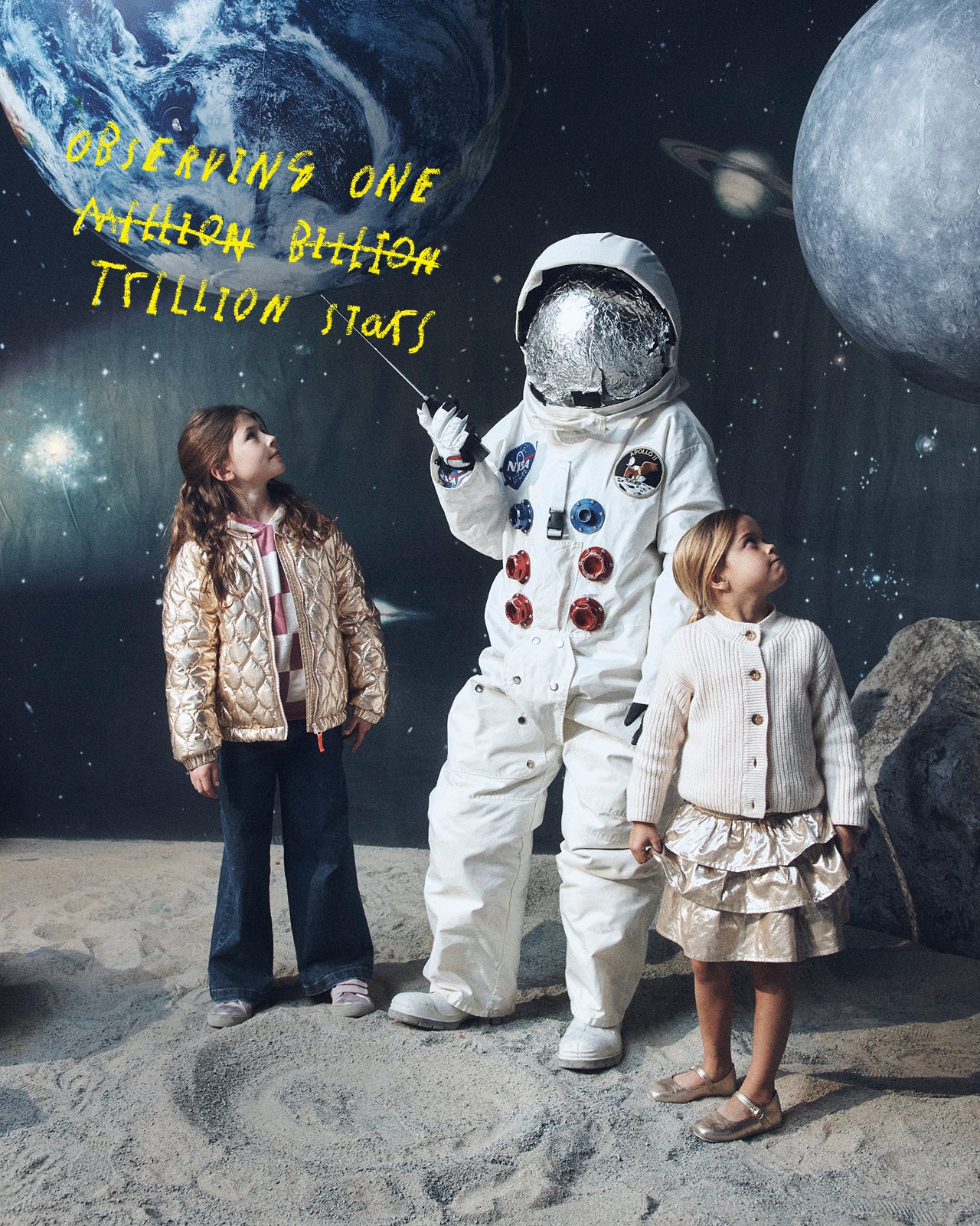 Person in an astronaut suit with two children on a lunar surface, with text about observing stars.