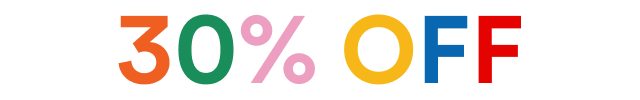 Promotional text '30% OFF' in colorful letters on a white background