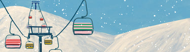 Cartoon-style ski lift with colorful chairs against a snowy mountain background