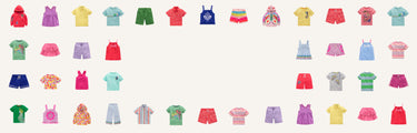 Colorful children's clothing items arranged in a grid on a white background