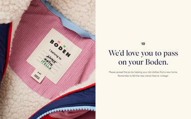 Boden clothing with a tag and text about passing on clothes.