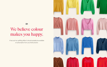 Colorful sweaters displayed against a white background with text about color psychology.