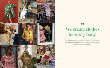 Collage of people wearing clothes with text 'We create clothes for every body.'
