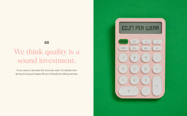 Pink calculator on a green background with text about quality investment.