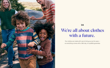 Children playing outdoors with a family, featuring text about clothes with a future.