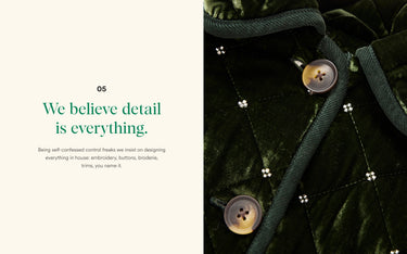 Close-up of green fabric with buttons and embroidery, with text 'We believe detail is everything.'